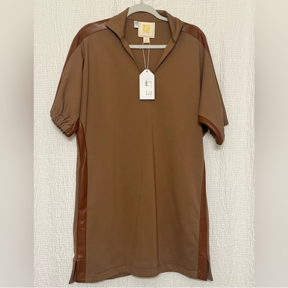 Emily McCarthy Brown Polo Dress NWT | Faux Leather Trim | Retail $228 | Size XS